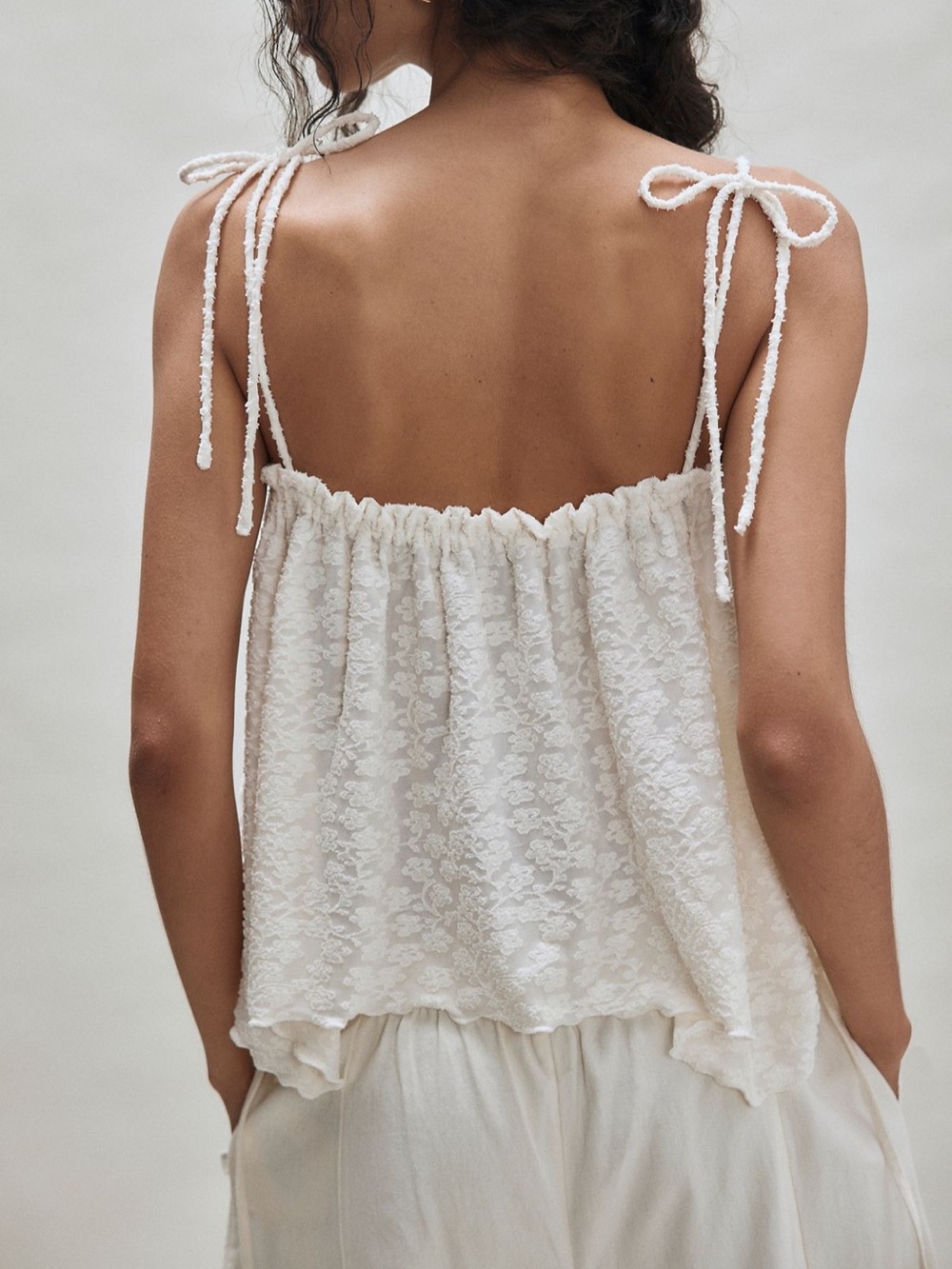 Free People Cream Lace Tie-Shoulder Flowy Crop Tank - Picture 2 of 6